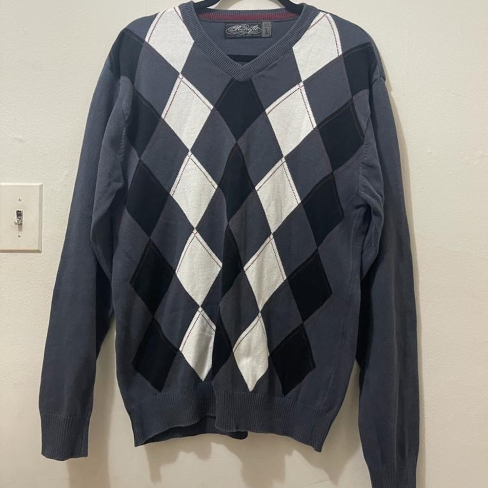 Retrofit gray and striped sweater in size large